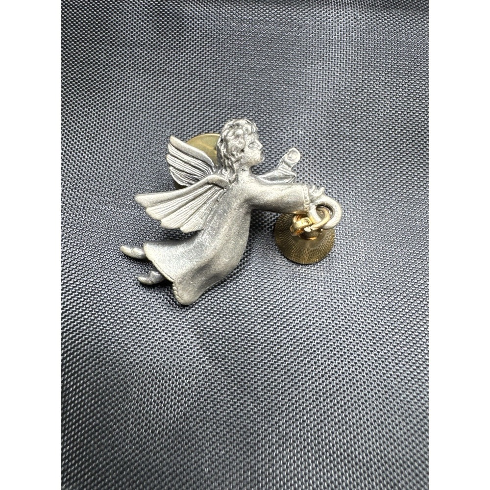 Vintage Pewter Cherub With Gold Bell Lapel Pin